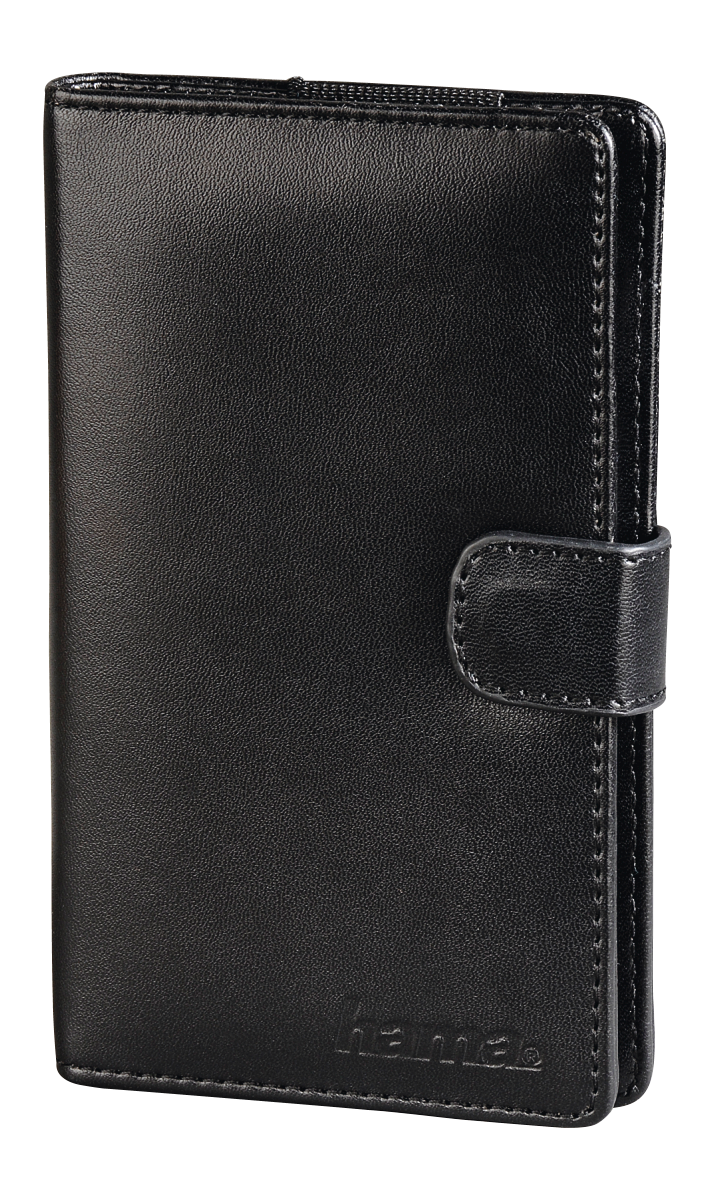 Portafoglio in pelle nera chiuso con cinturino e chiusura a scatto, con logo 'hama' impresso.