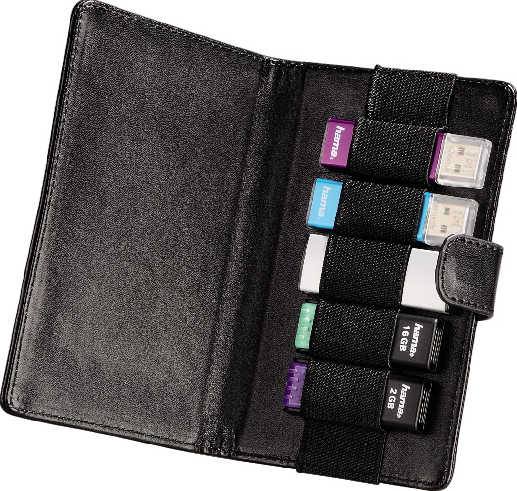 Custodia in pelle nera con diverse chiavette USB in fasce elastiche nere.
