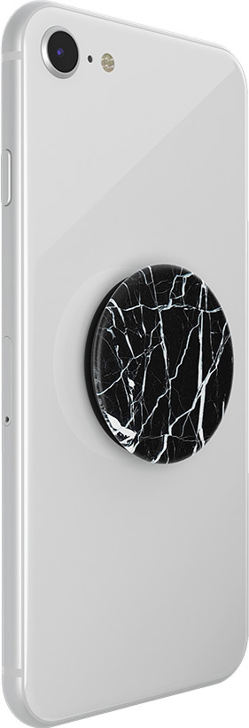 Weißes Telefon mit Pop-up-Sockel aus schwarzem Marmor. Der Sockel hat weiße Streifen. Das Telefon hat eine Kamera und eine Ein-/Aus-Taste.