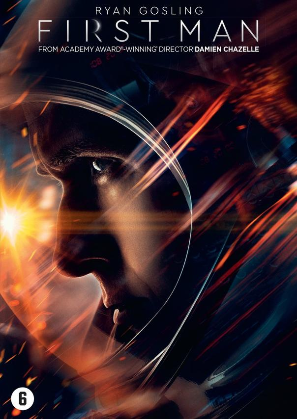 First Man filmcover. Het gezicht van Ryan Gosling in een ruimtehelm. De titel is 'FIRST MAN'.