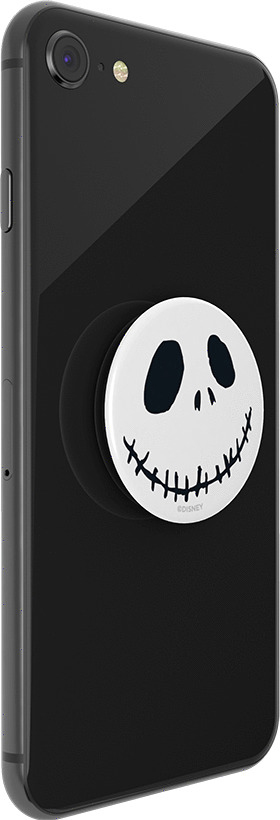 Schwarzes iPhone mit einem Jack Skellington PopSocket. Weißer Hintergrund.