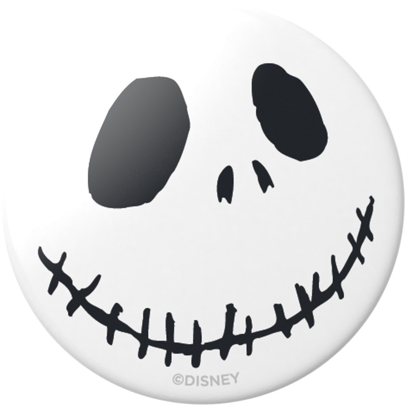 Weißer Knopf mit einem Jack Skellington-Gesicht mit schwarzen Augen und Mund.