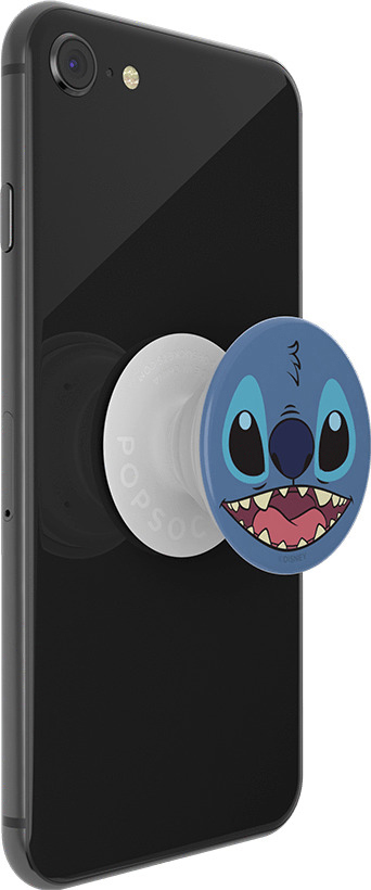 Schwarzes Telefon mit einem blauen Stitch PopSocket befestigt. Stitch lächelt.