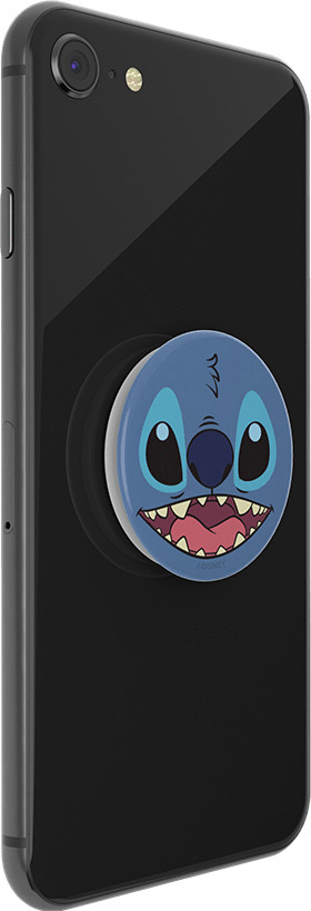 Schwarzes Smartphone mit einem Stitch PopSocket. Das PopSocket ist blau mit Stitchs Gesicht.