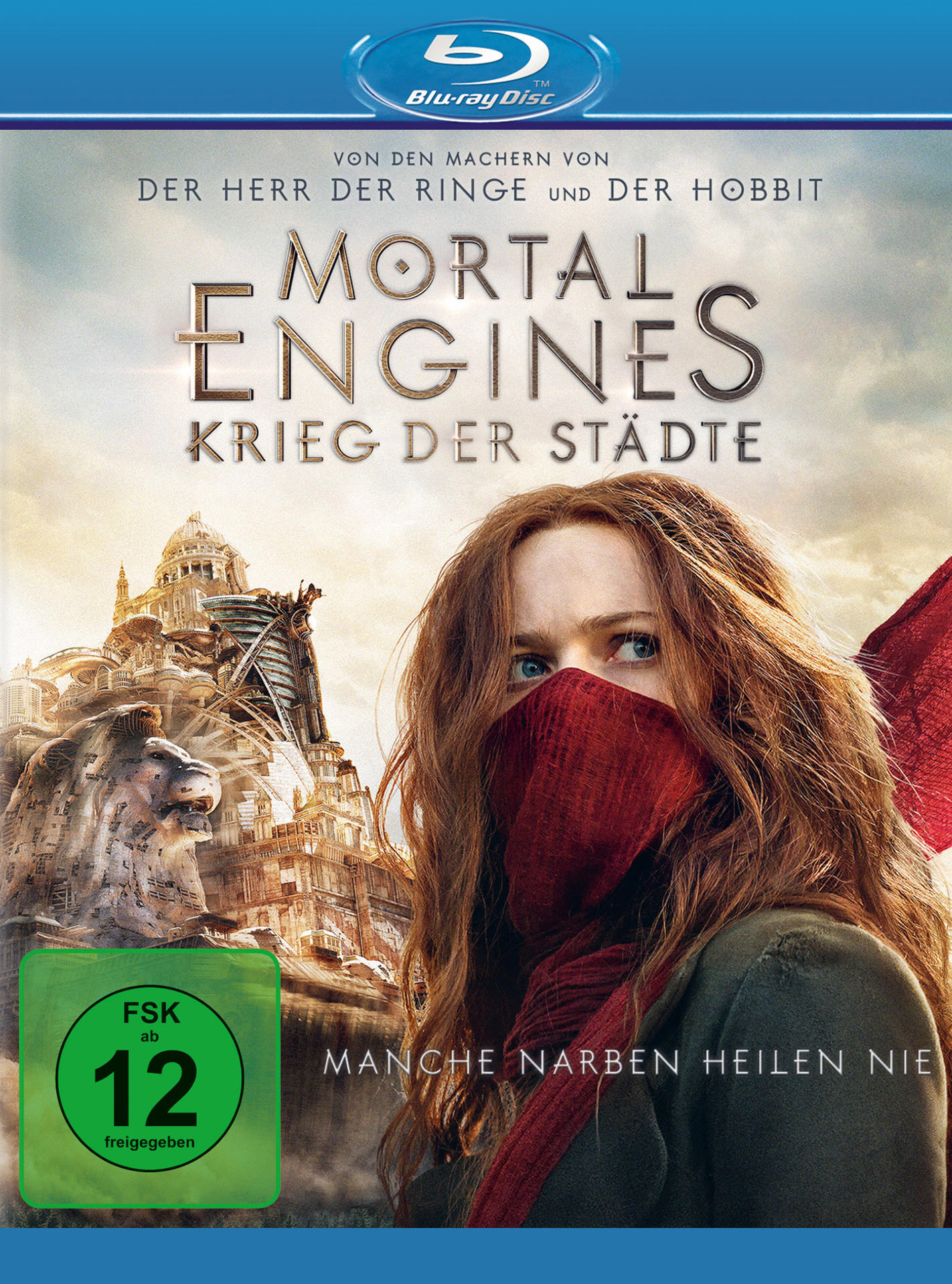 Filmcover zeigt eine Frau mit roten Haaren und einer Maske. Text auf Deutsch 'Mortal Engines'.