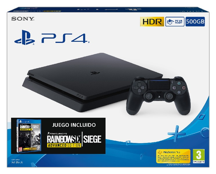 Consola - Sony PS4 Jet Black, 500 GB, DUALSHOCK®4, USB / HDMI+Juego TOM CLANCY'S RAINBOWSIX® SIEGE ADVANCED EDITION