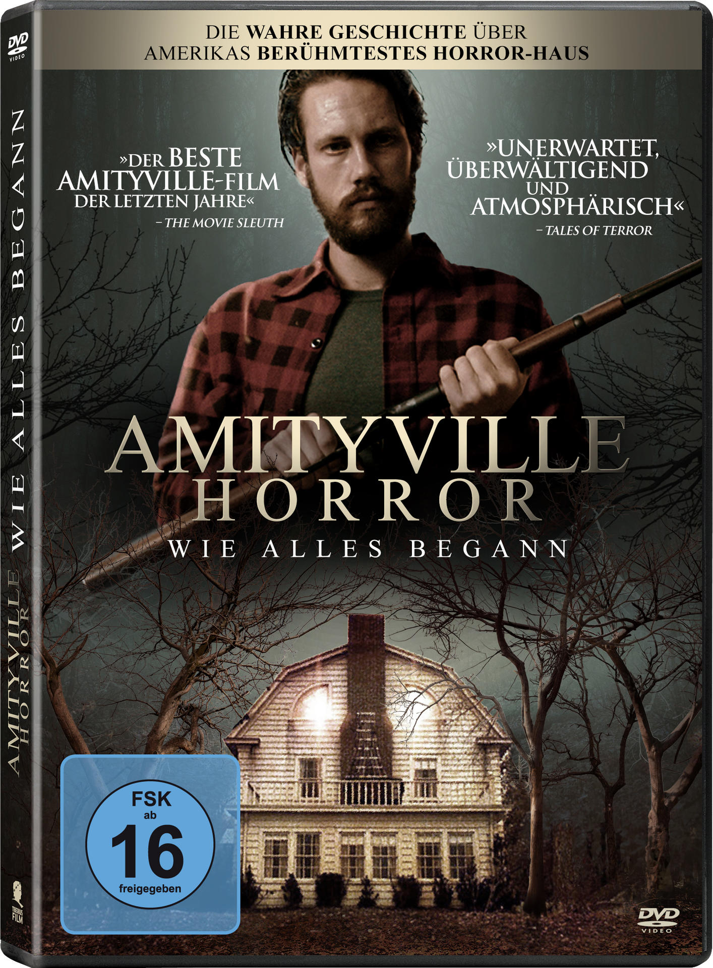 DVD-Cover: Amityville Horror, Mann mit Gewehr, Haus, Bäume und Text.