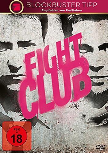 Fight Club-Filmcover. Rosa Schriftzug 'FIGHT CLUB' auf grauem Hintergrund mit zwei Gesichtssilhouetten.