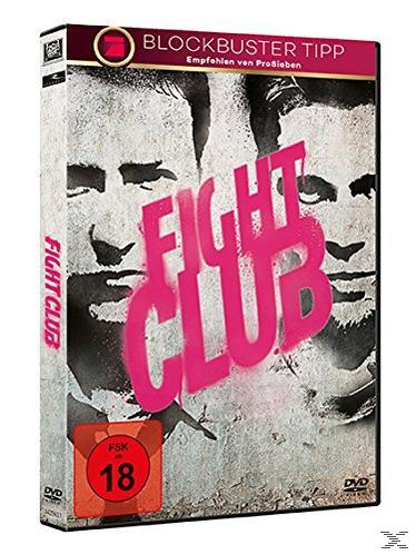 Fight Club DVD-Hülle. Zwei Gesichter. Pinker Text. Rote 18er-Altersfreigabe. Weißer Hintergrund.