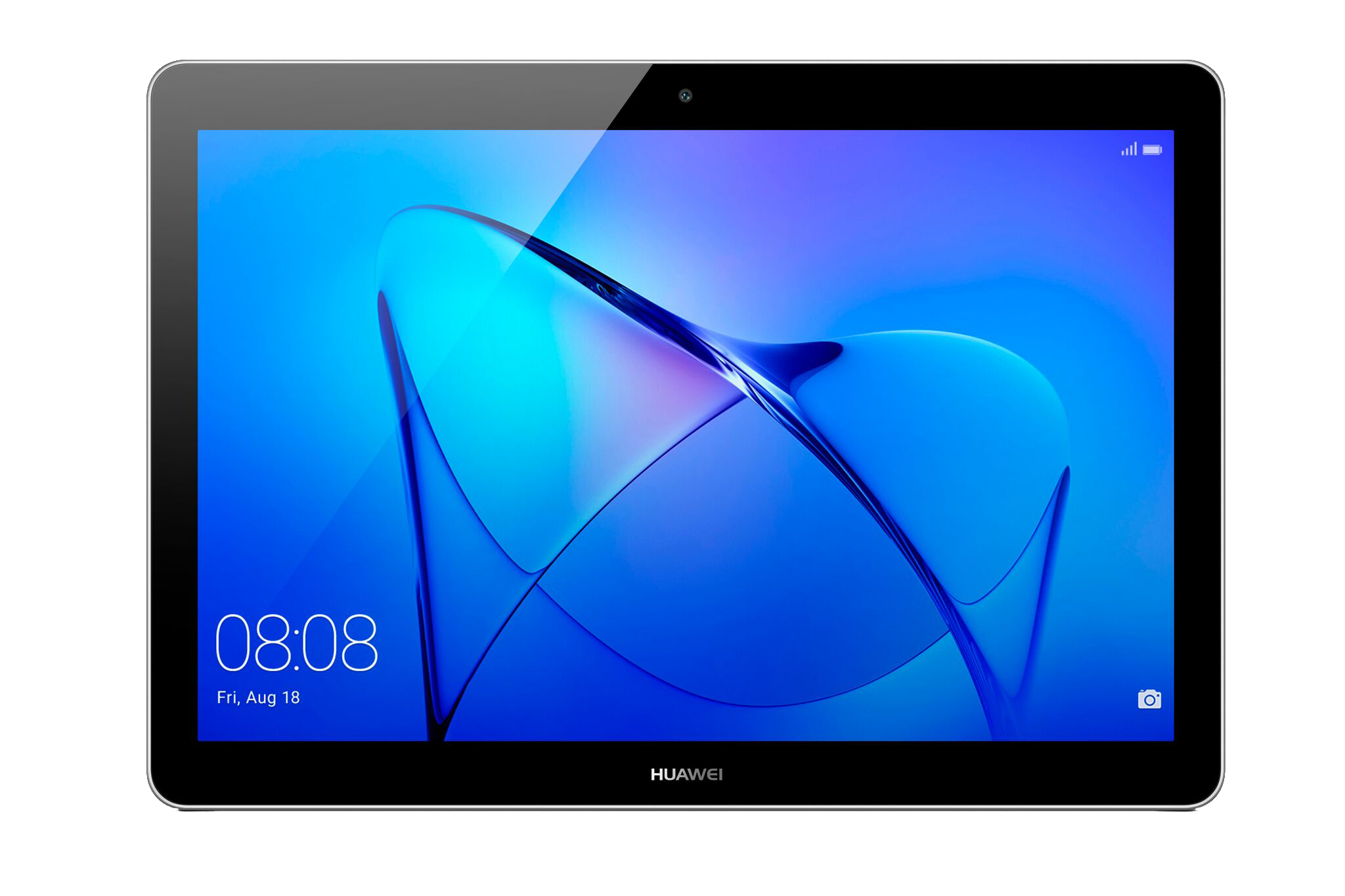 Zwarte tablet met een helderblauw scherm met een tijd en een gebogen ontwerp.