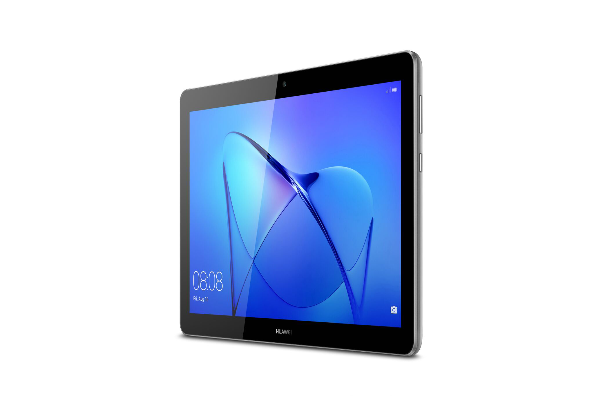 Een zilveren Huawei-tablet met een blauw scherm.