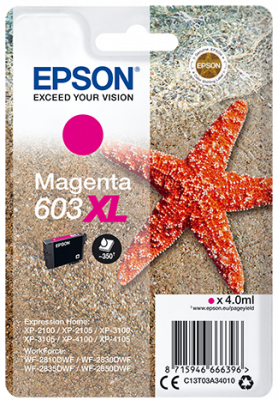 Epson magenta inktcartridge met een zeester op de achtergrond, met tekst.