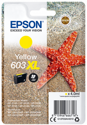 Paquet de cartouche d'encre Epson avec un cercle jaune et une illustration d'étoile de mer.