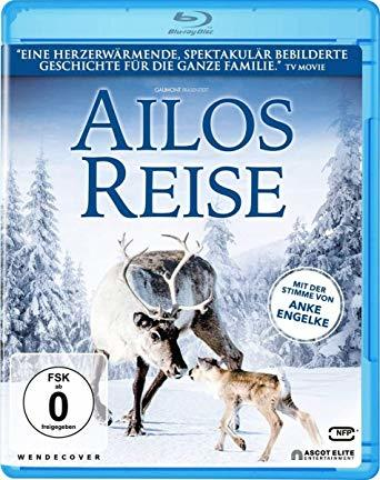 DVD-Cover mit Rentieren im Schnee. Titel: Ailos Reise auf Deutsch.