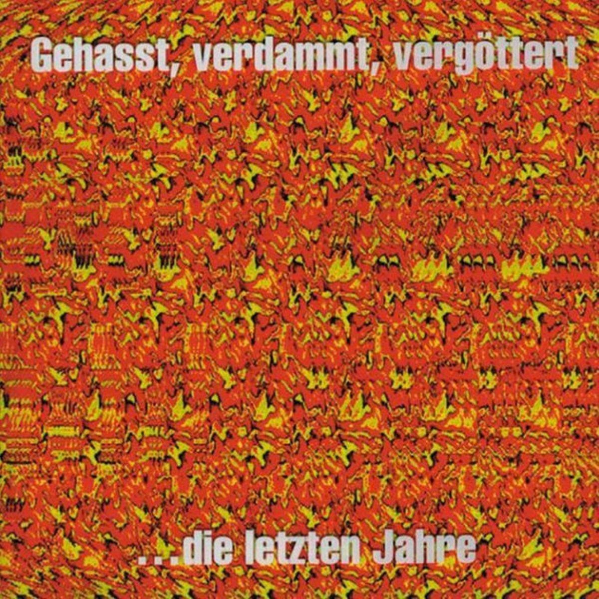 Abstrakte Muster in Rot und Gelb mit deutschem Text.