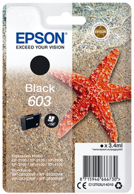 Paquet de cartouches d'encre Epson avec une cartouche noire et une étoile de mer sur la plage.