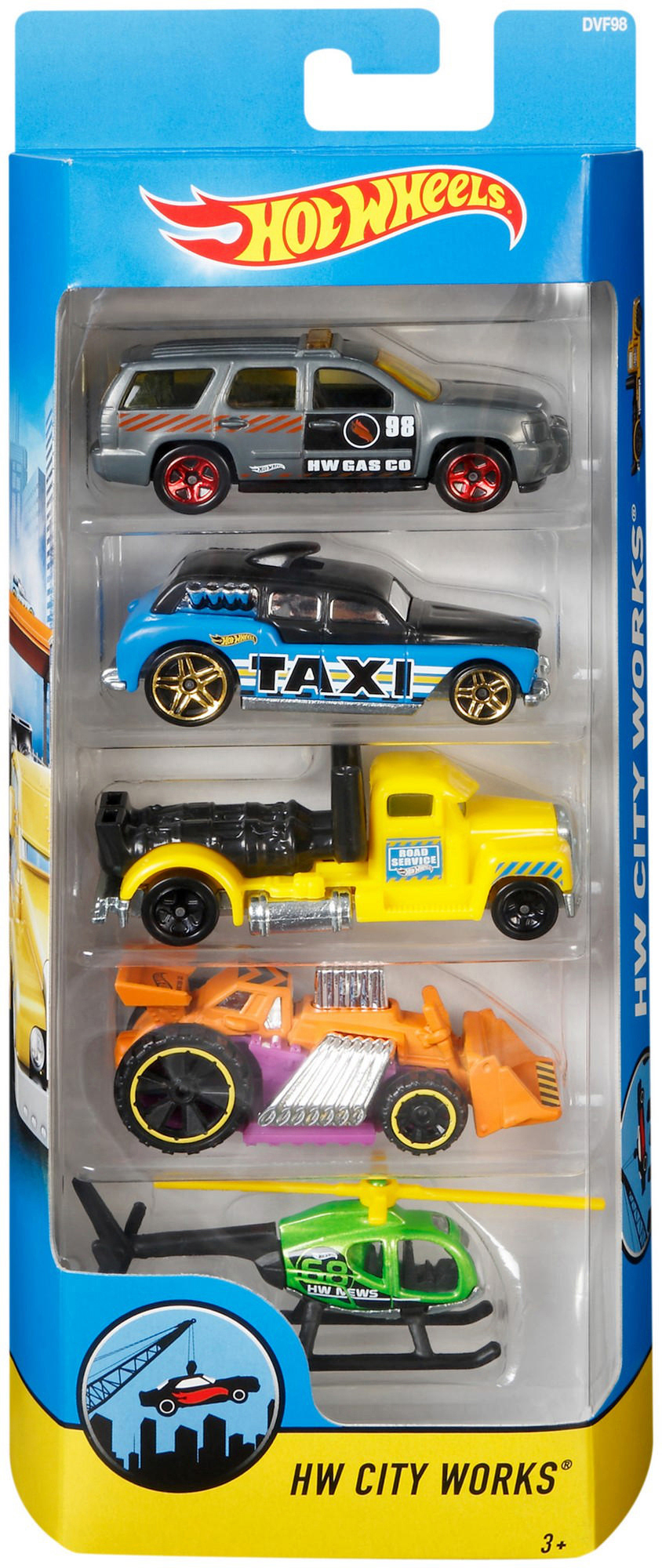 Packung mit fünf Hot Wheels City Works Spielzeugautos. Enthält einen LKW, ein Taxi und einen Hubschrauber.