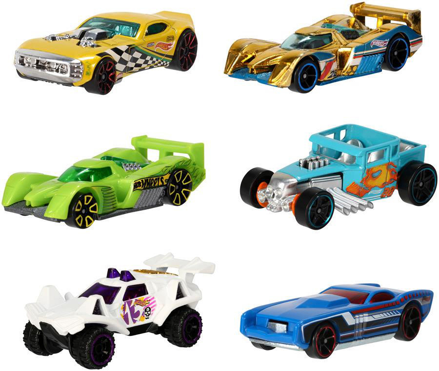 Sechs Hot Wheels Spielzeugautos in verschiedenen Designs und Farben. Jedes ist einzigartig.