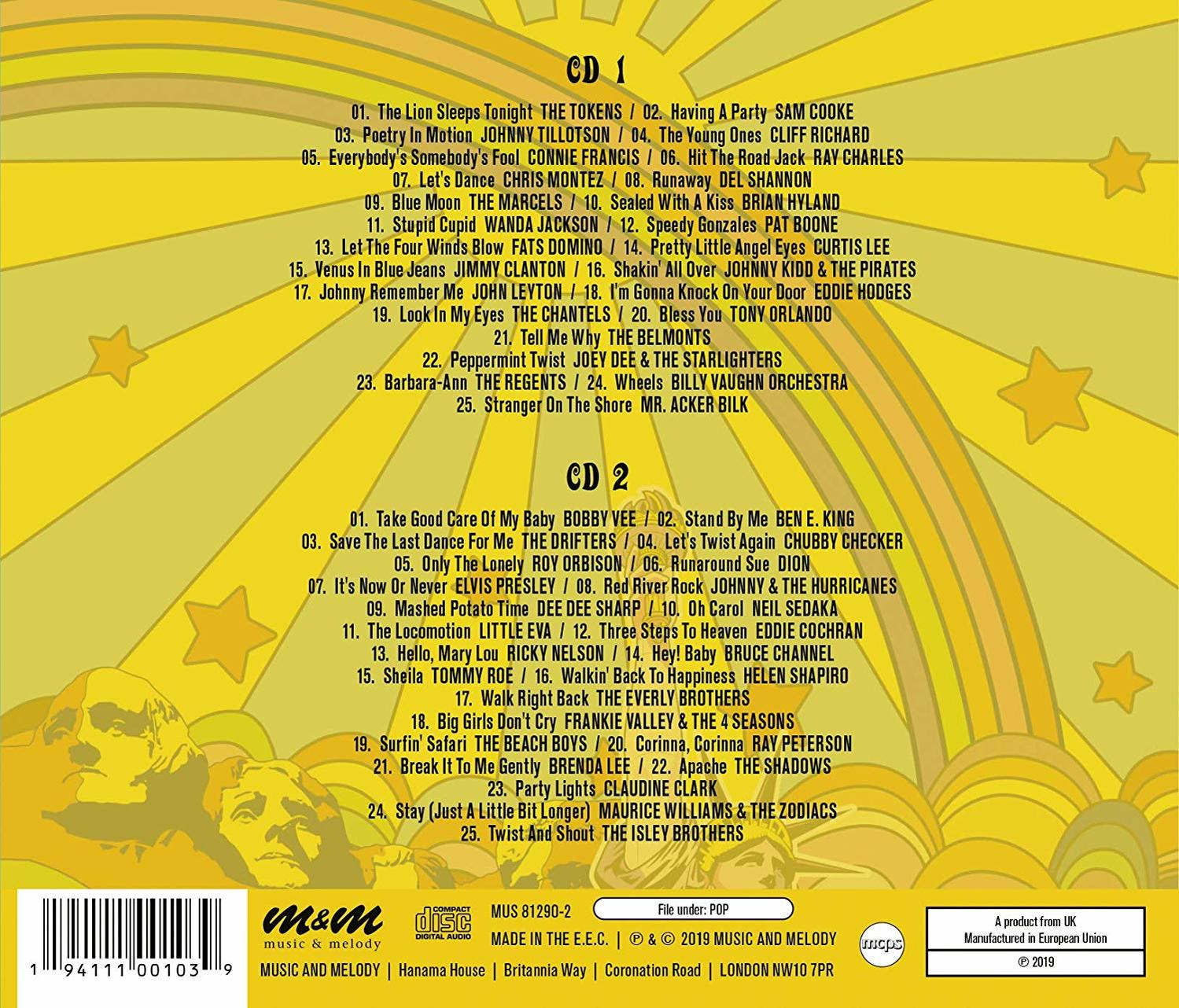 Rückseite einer Musik-CD. Sie listet Songs und Credits mit farbenfrohem Grafikdesign auf.