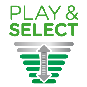 Een afbeelding met de woorden 'PLAY & SELECT' en een pijl omhoog en omlaag.