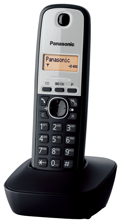 Panasonic vezeték nélküli telefon fekete alappal, fekete gombokkal és képernyővel.