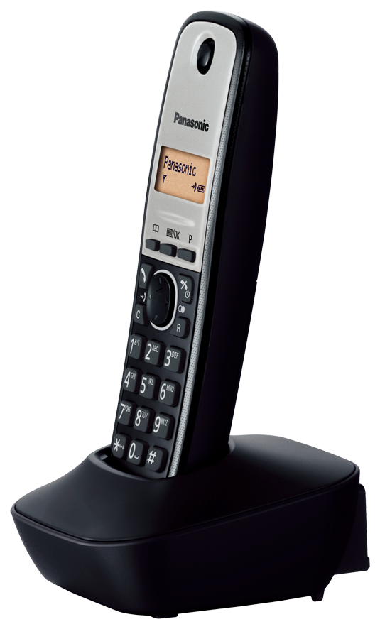 Fekete Panasonic vezeték nélküli telefon a töltőn.