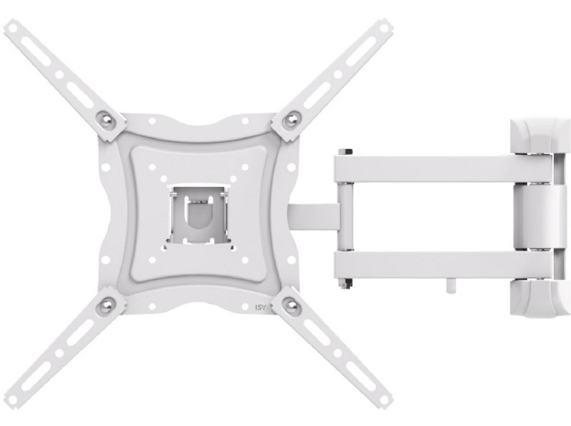 Soporte de TV blanco con brazos extendidos, listo para un televisor.