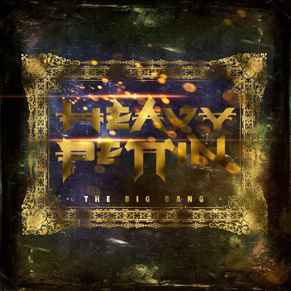 Goldene Frakturbuchstaben mit dem Titel "HEAVY PETTIN - THE BIG BANG" auf dunklem Hintergrund.