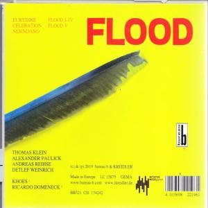 CD-Hülle mit gelbem Hintergrund, dem Wort 'FLOOD' in Rot und einer Federgrafik.