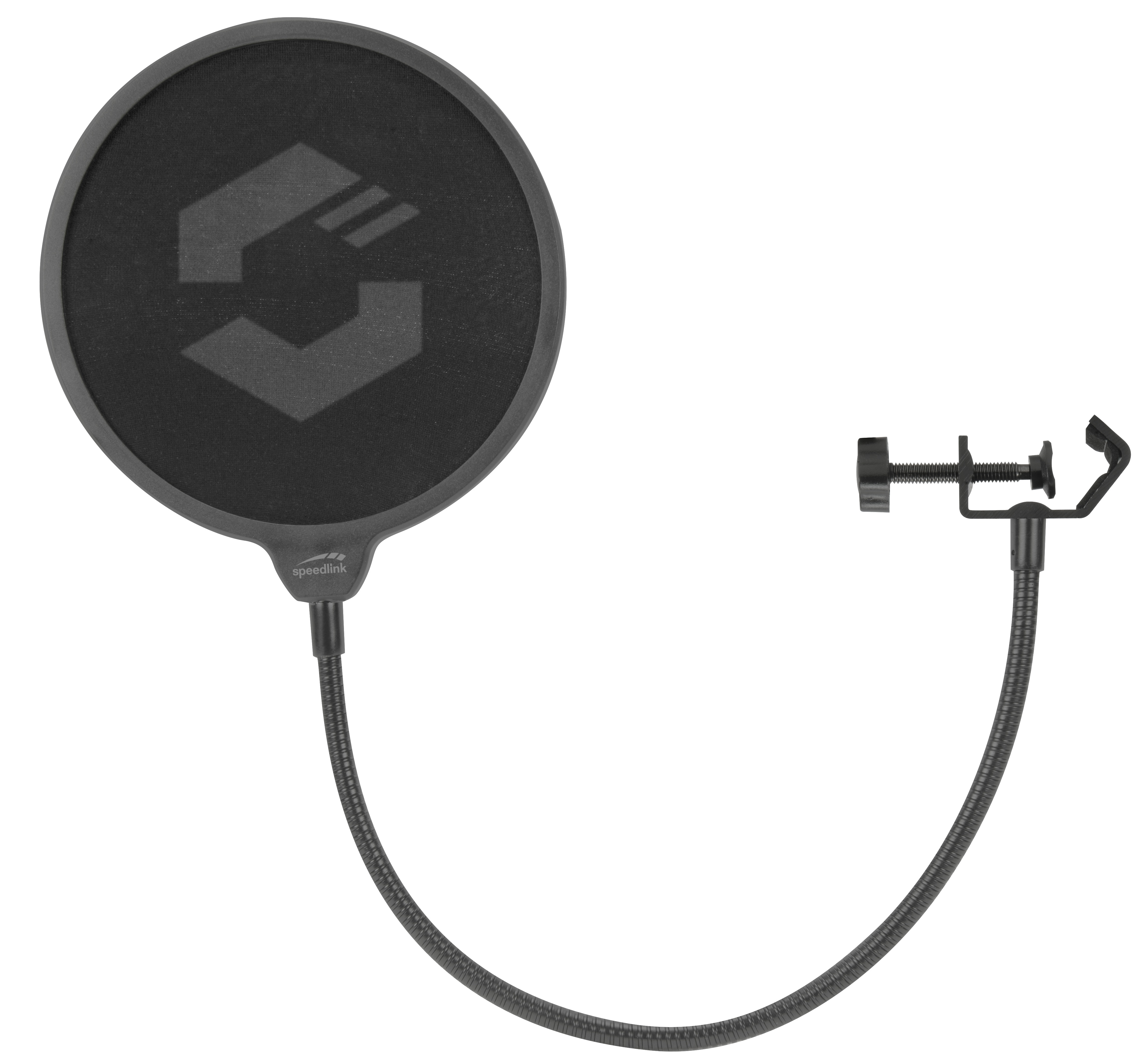 Schwarzer Speedlink Pop-Filter. Rundes Netz mit flexiblem Arm und Klemme zur Befestigung an einem Mikrofonständer.