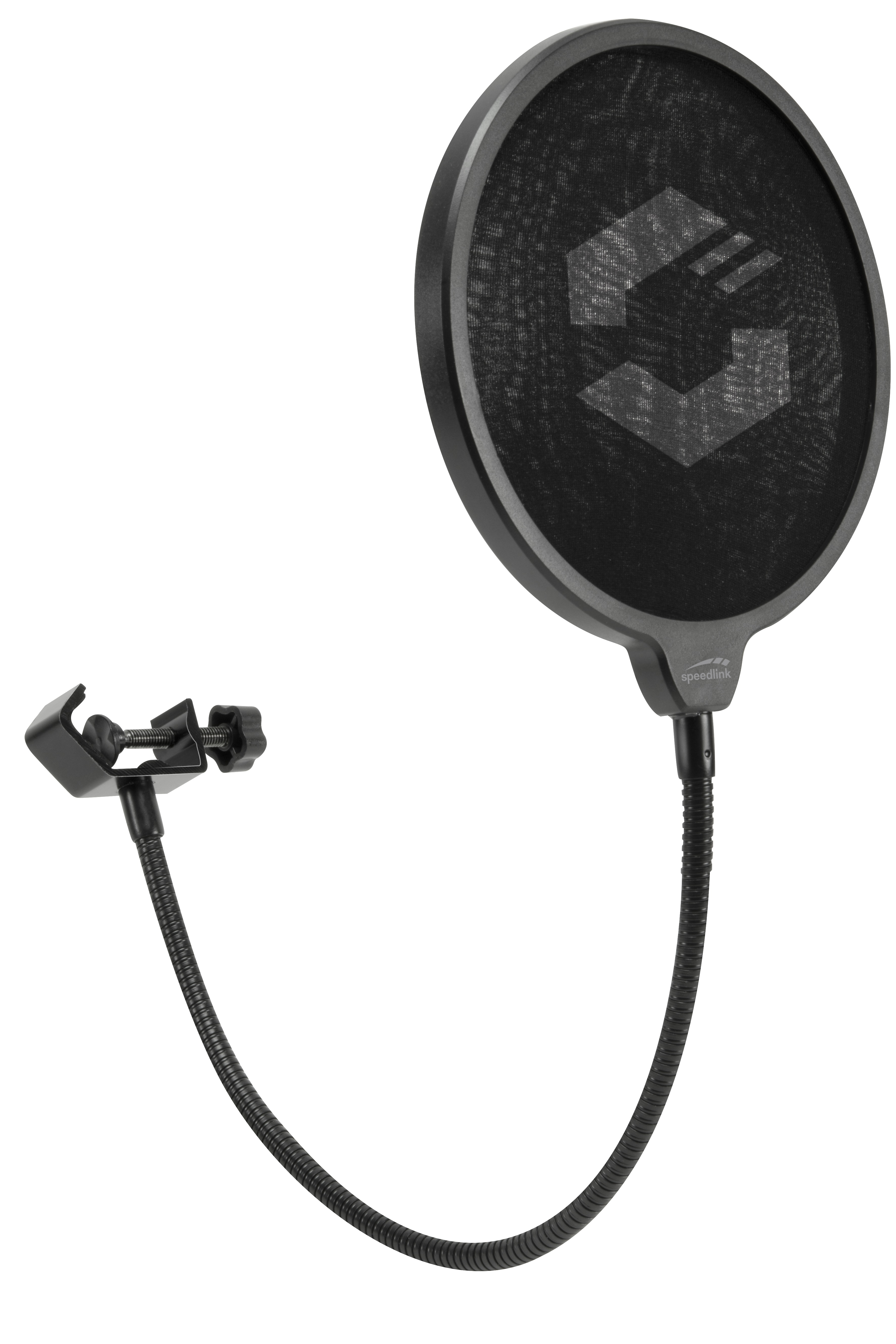 Ein schwarzer Popfilter für Mikrofone, an einem flexiblen Arm befestigt.