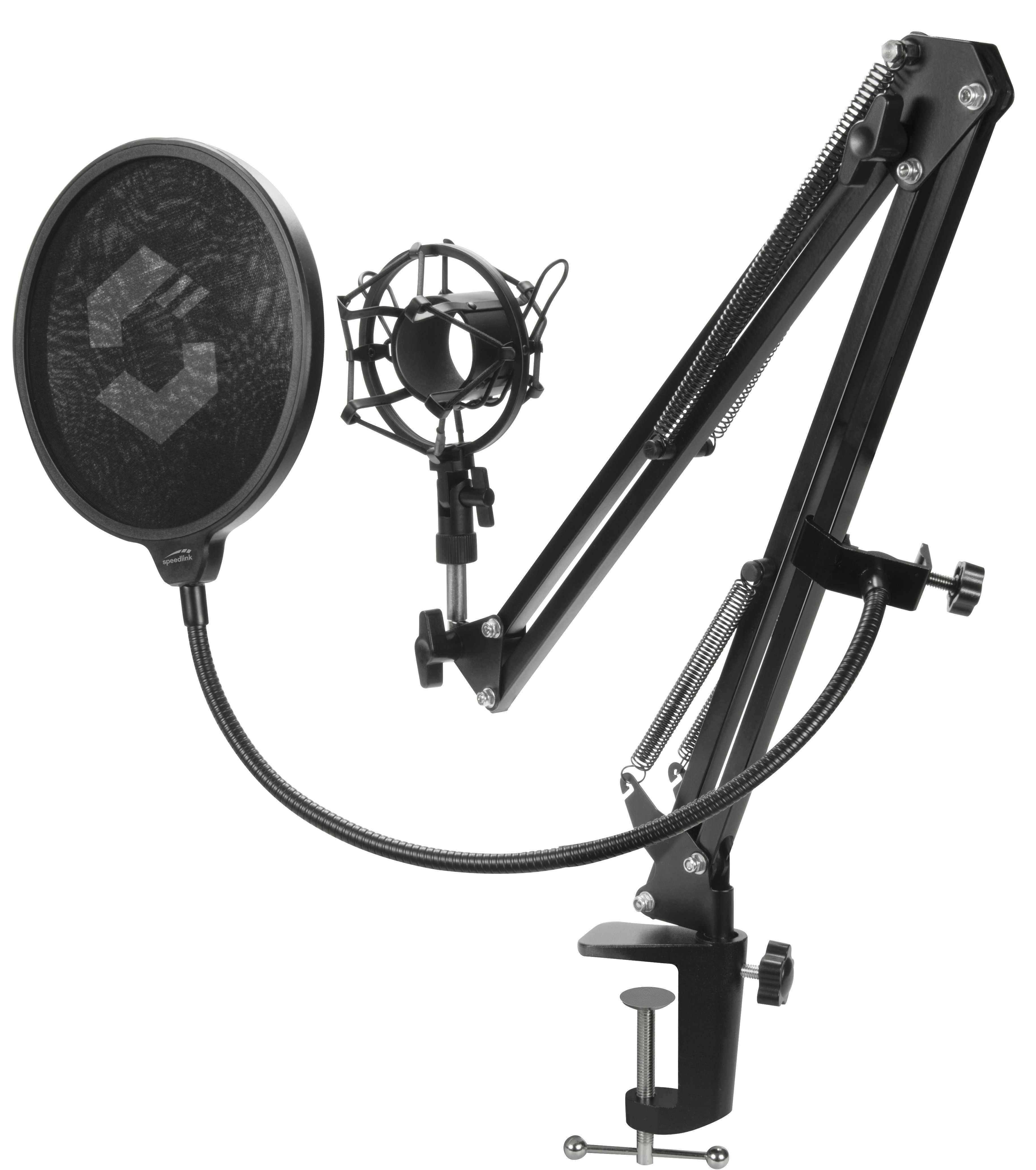 Mikrofon-Setup mit Pop-Filter und Stoßdämpfer. Es steht auf einem Ständer und ist schwarz.
