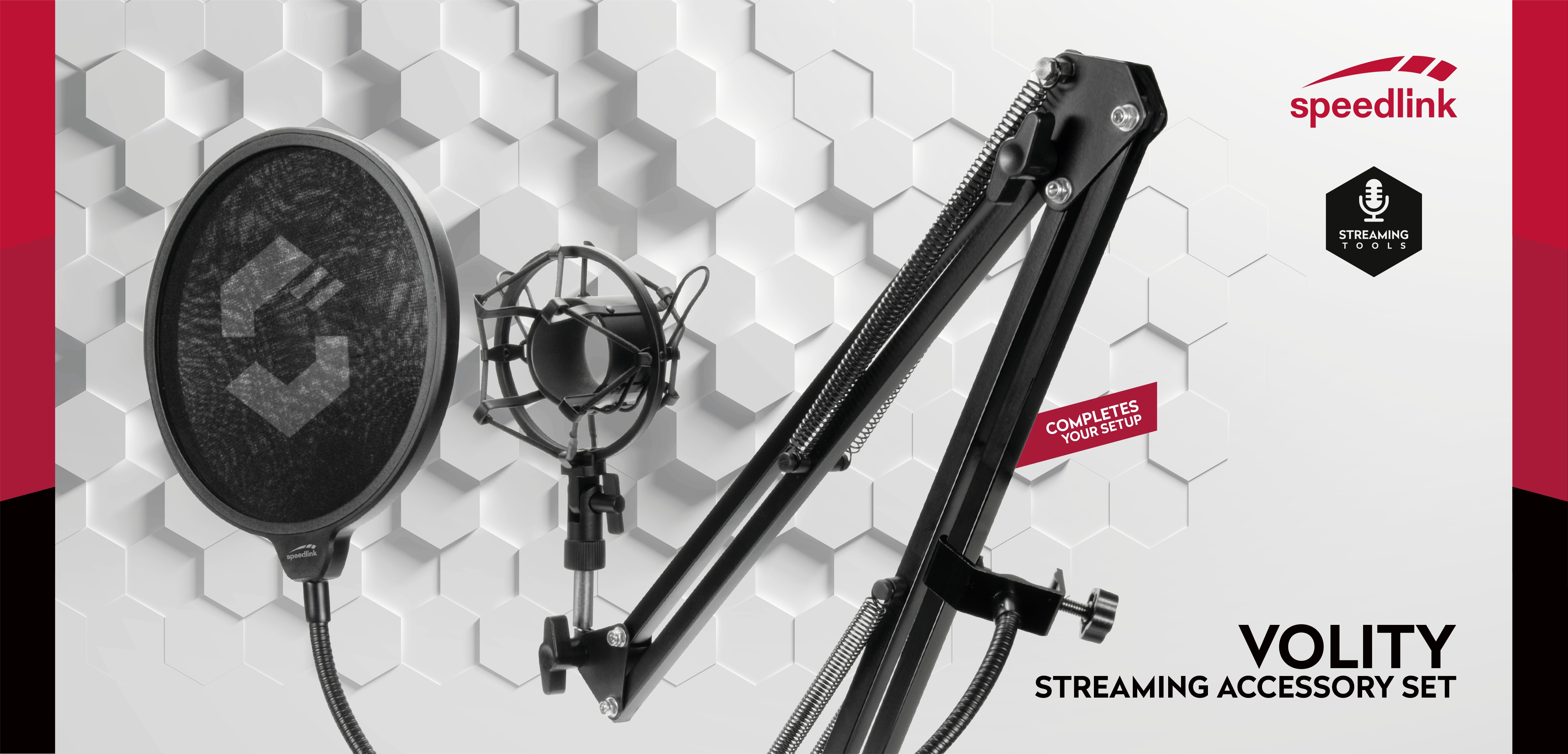 Ein Mikrofon mit Pop-Filter, Ständer und Speedlink-Logo auf weißem Hexagon-Hintergrund.