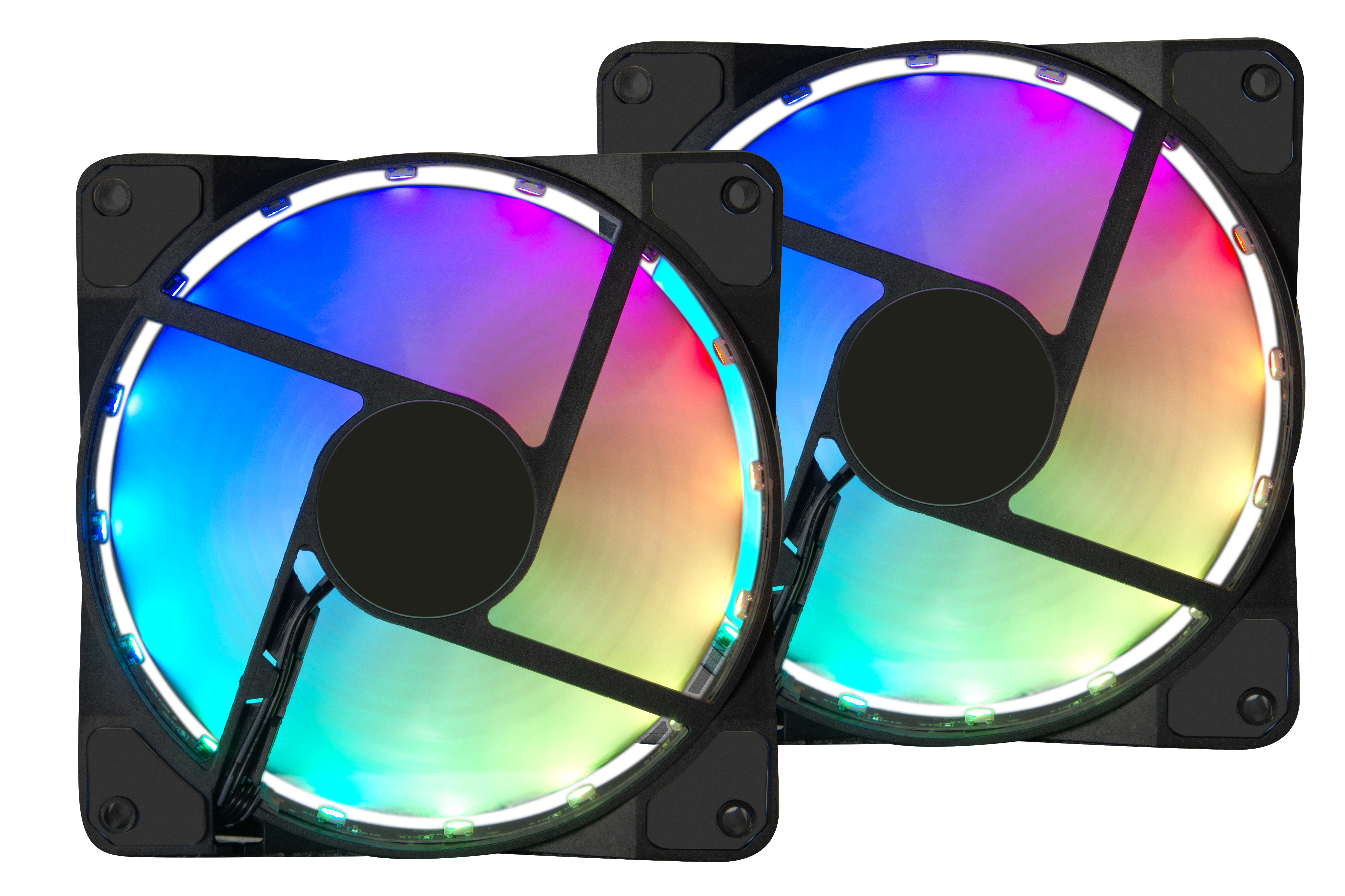 Zwei RGB-Computerlüfter mit bunten Lichtern vor weißem Hintergrund.