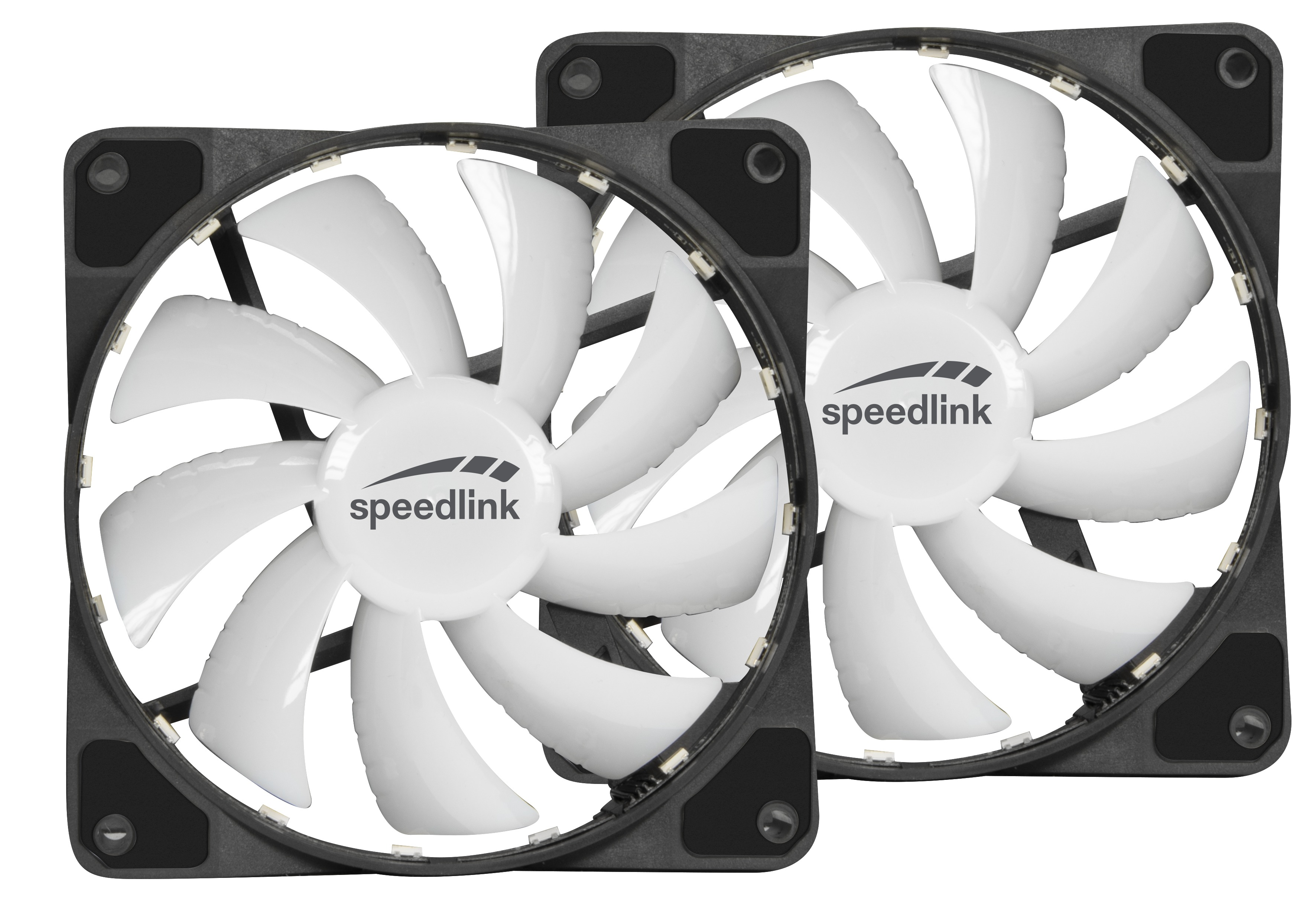 Zwei weiße Computerlüfter mit Speedlink-Logo auf einem schwarzen Rahmen.
