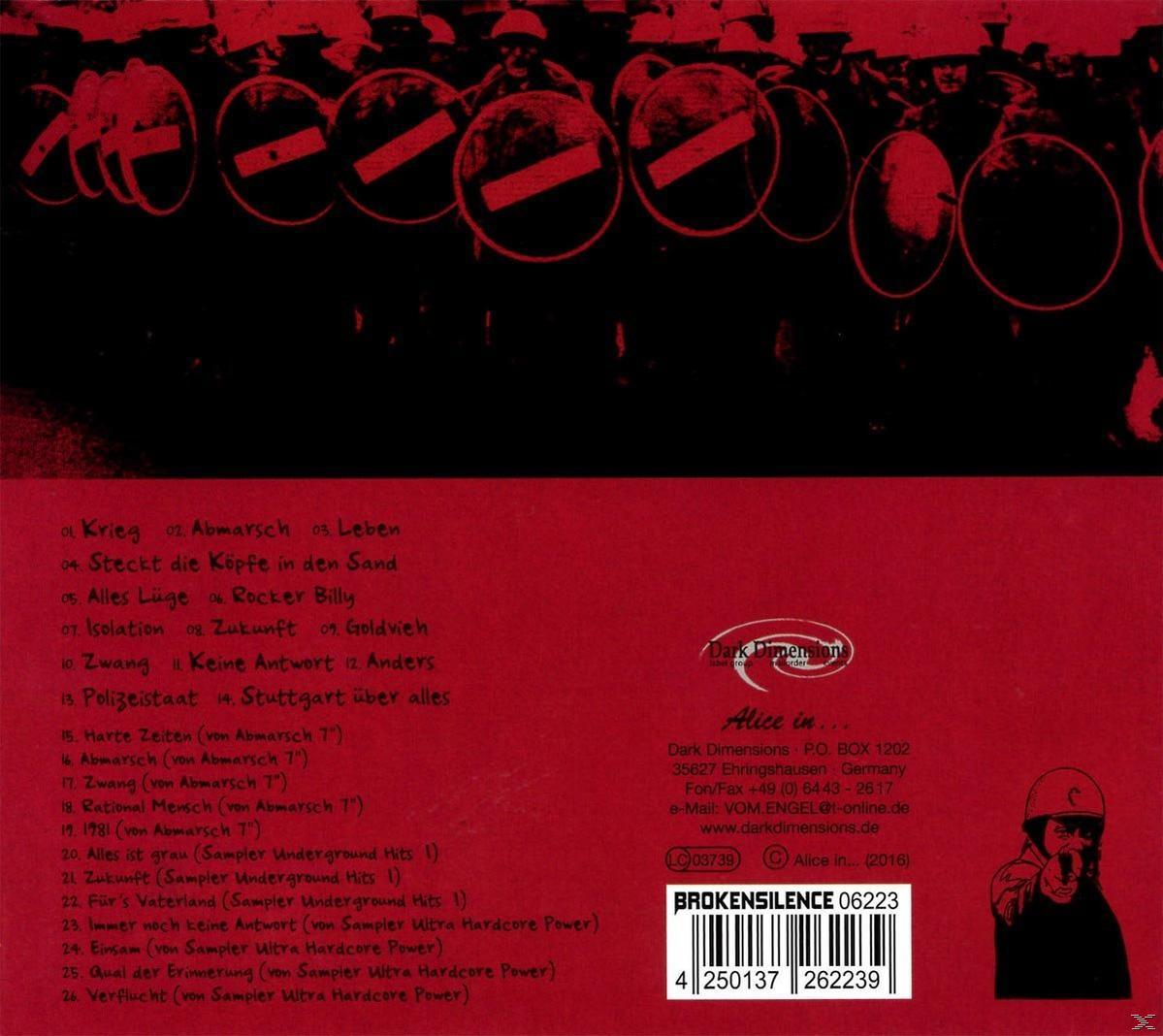 Ein CD-Cover mit rotem Text und einer Titelliste. Es gibt einen dunklen Hintergrund.