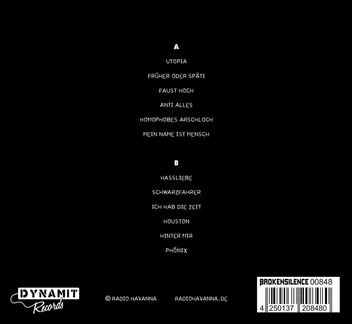 Albumcover mit Songtiteln in weißer Schrift, schwarzer Hintergrund, Dynanit Records Logo.