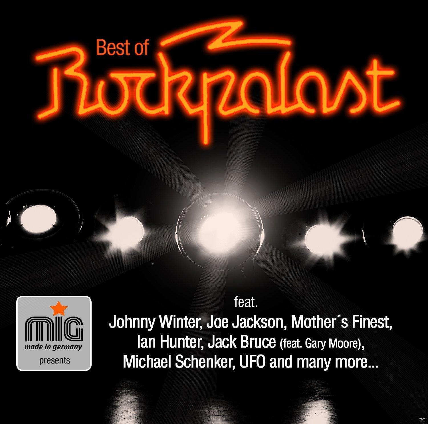 Albumcover. Neon-Schriftzug 'Best of Rockpalast'. Lichter und Namen der Musiker.