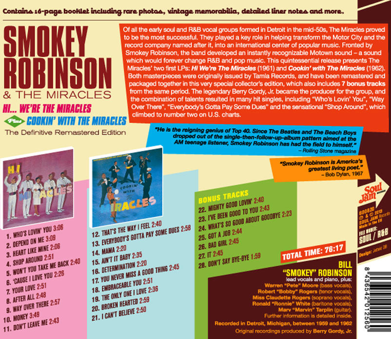 Smokey Robinson album borítójának hátulja. Szöveget, daltitulusokat és egy fotót tartalmaz.