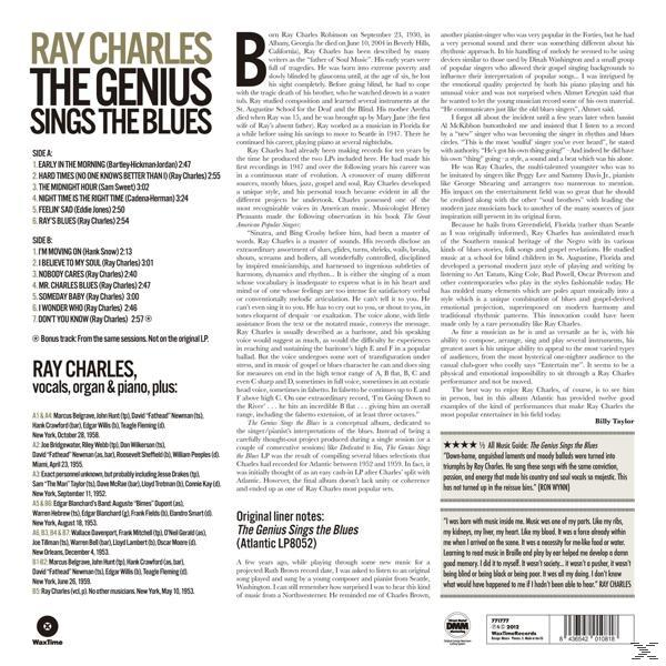 Egy Ray Charles album hátulja, a dalok címeivel, a kreditekkel és a művész életrajzával.