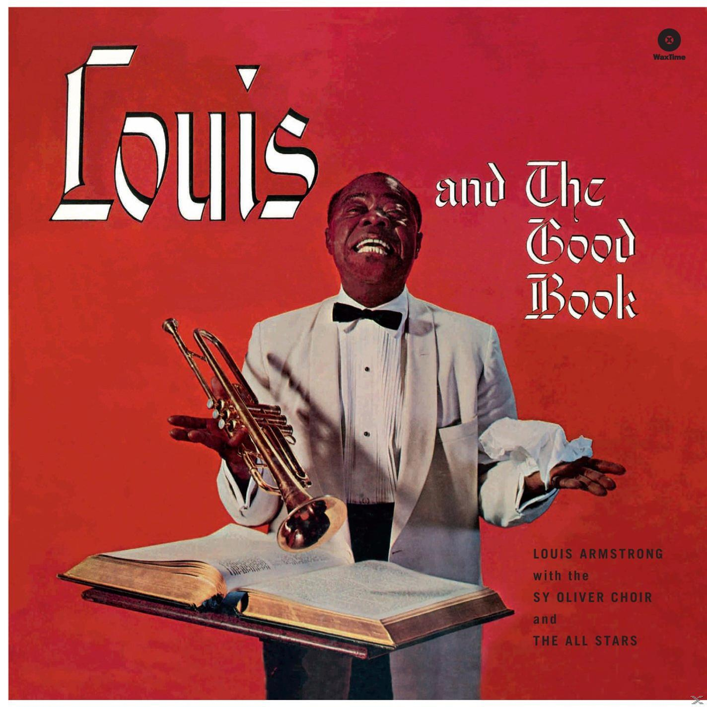 Louis Armstrong album borítója. Piros háttér, Louis trombitával és nyitott könyvvel, mosolyogva.