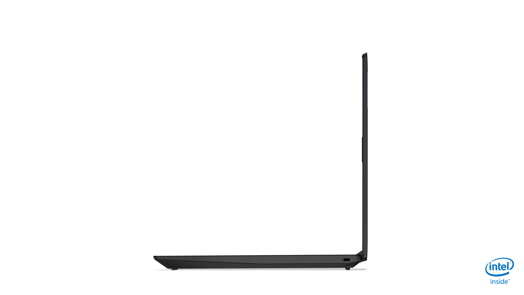 Seitenansicht eines schwarzen Laptops. Der Laptop ist dünn und hat ein minimalistisches Design.