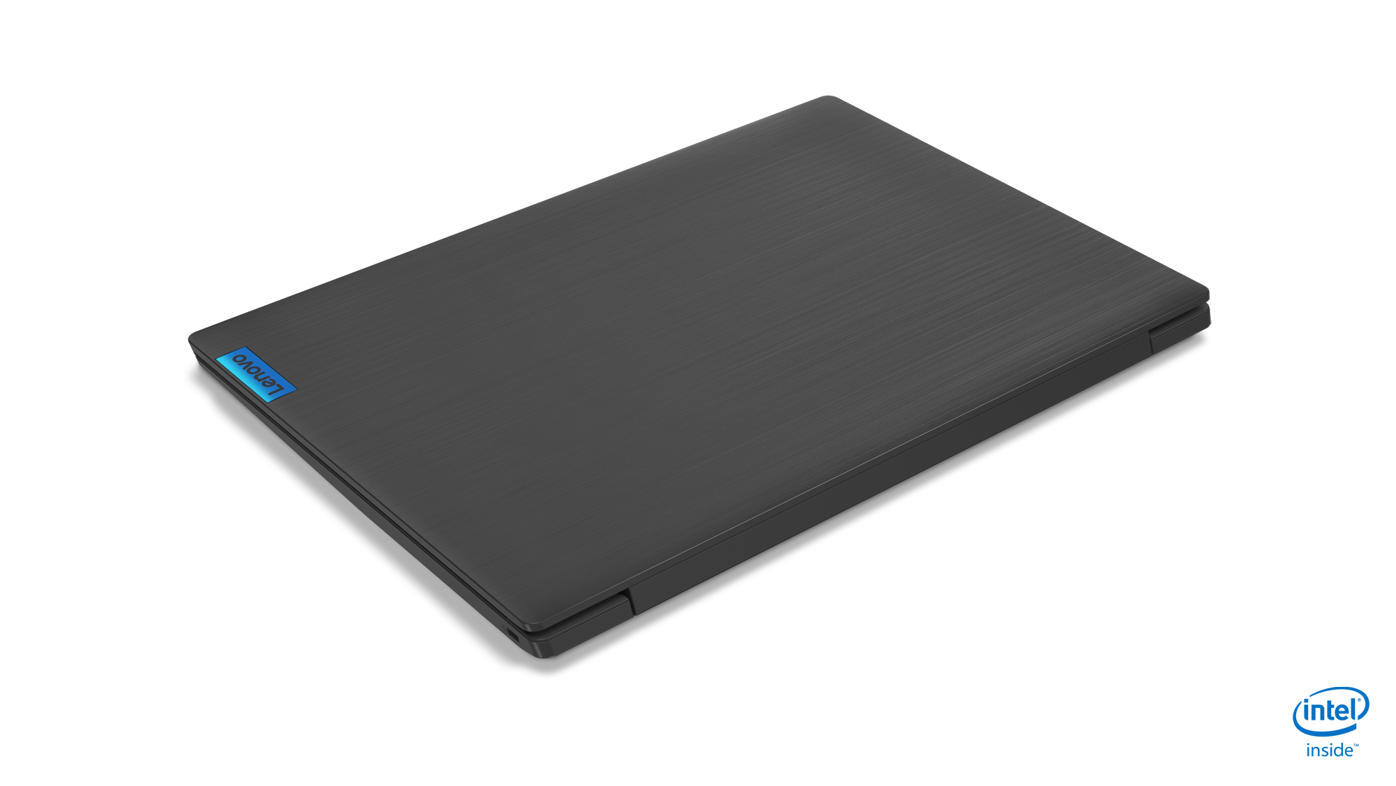 Schwarzes Lenovo-Laptop, geschlossen, mit einem Intel-Aufkleber in der unteren rechten Ecke.