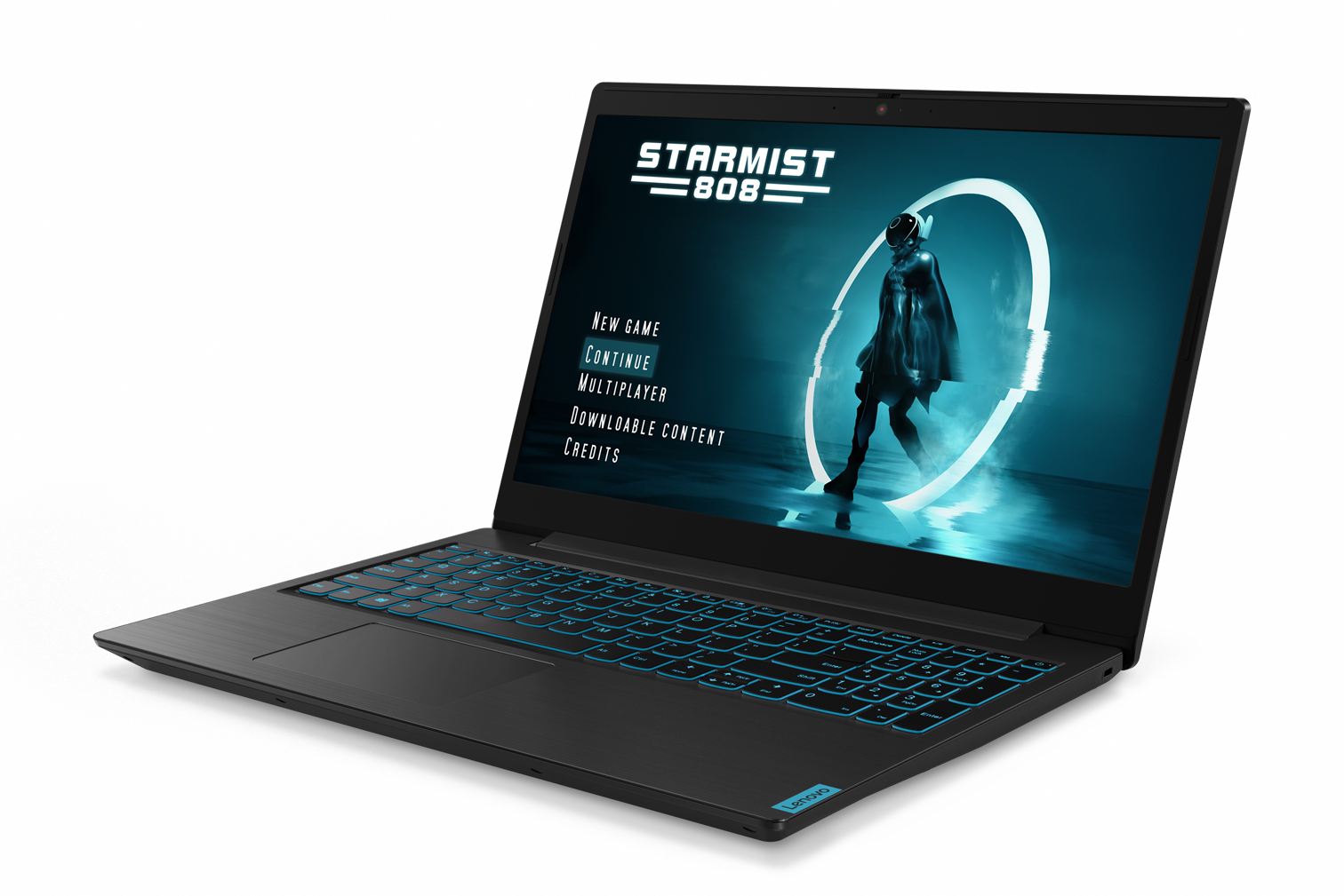 Ein schwarzer Laptop zeigt eine Videospieloberfläche mit einem futuristischen Charakter in einer hellen Umgebung.