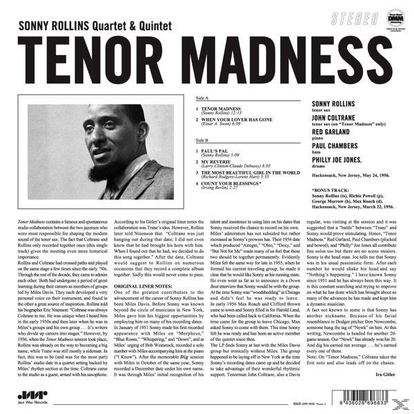 A "Tenor Madness" című album borítója Sonny Rollins-tól. Egy öltönyös férfi szaxofonnal.