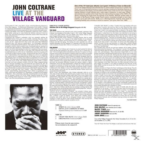 Album borító. Szöveg és jegyzetek egy színpadon. John Coltrane Live at the Village Vanguard.
