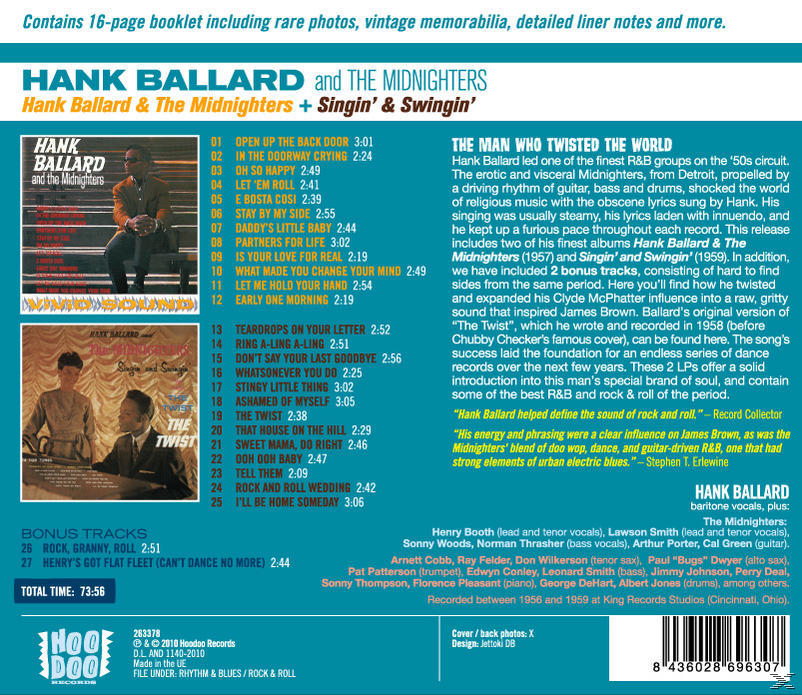 Album borító számlistával és Hank Ballard fotójával.