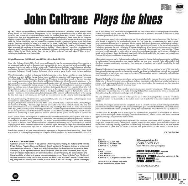 Album borító. John Coltrane Plays the Blues. Szöveg, jegyzetek és logók. Fekete-fehér.