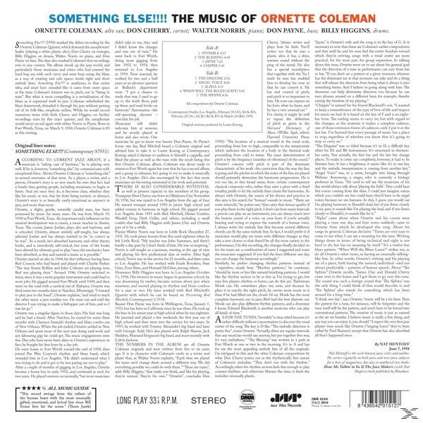 Nyomtatott oldal szöveggel és a címmel: "Something Else!!! The Music of Ornette Coleman".