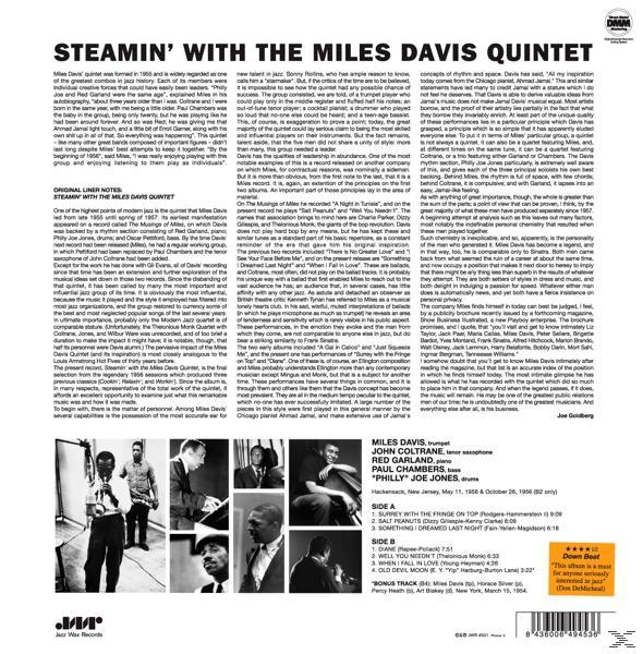 A Steamin' with the Miles Davis Quintet album borítója. Zenészek fotóit és szöveget tartalmaz.